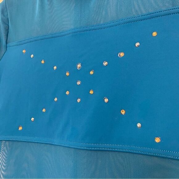 WEISSMAN Balera Dance Costume teal Culotte Unitard With Mesh MJ11187 Child LC - Picture 6 of 10